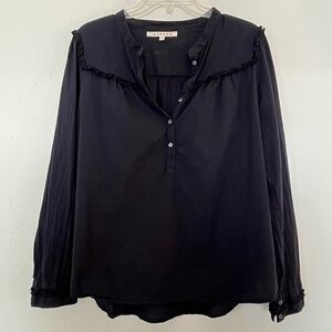 XiRENA Boho Chic Ruffled Yoke Top Small Peasant Black Cotton Blouse Made in USA